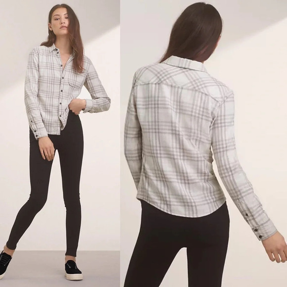 Aritzia TNA Beige Brushed Flannel Plaid Button Front Yellowstone Shirt Large - Picture 5 of 11